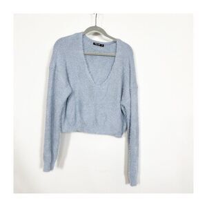 Nasty Gal Women's Ash Blue V-Neck Long Sleeve Fluffy Knit Sweater Size Large